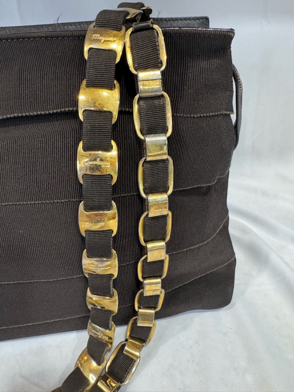 Tiered Brown Grosgain Ribbon Shoulder Bag with gold Chain links- AU-21 Series - Picture 3 of 10